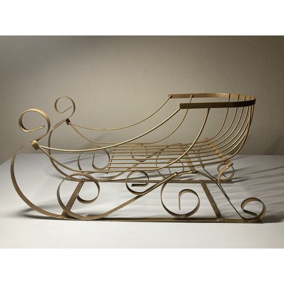 LARGE Gold Heavy Metal Christmas Sleigh Santa Claus Holiday Decor Display - Picture 1 of 9